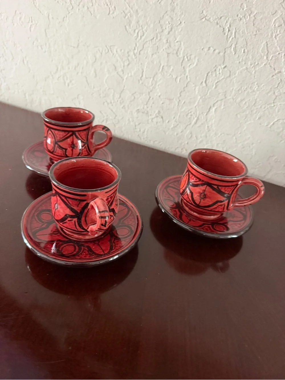 Moroccan Hand Painted Ceramic Espresso Demitasse Cups Saucers Set of 3